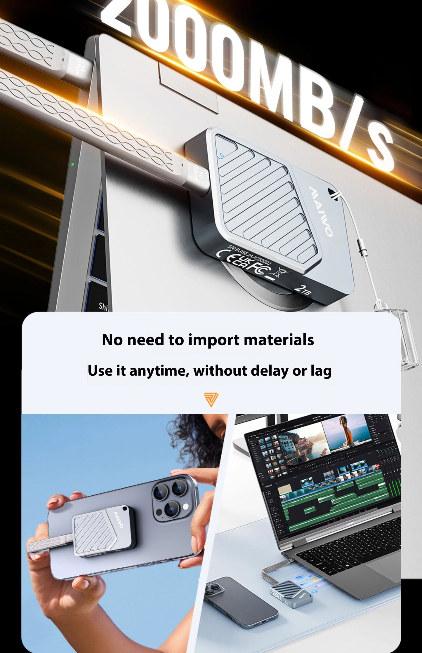 Maiwo Magnetic Portable SSD External - High Speed 2000MB/s