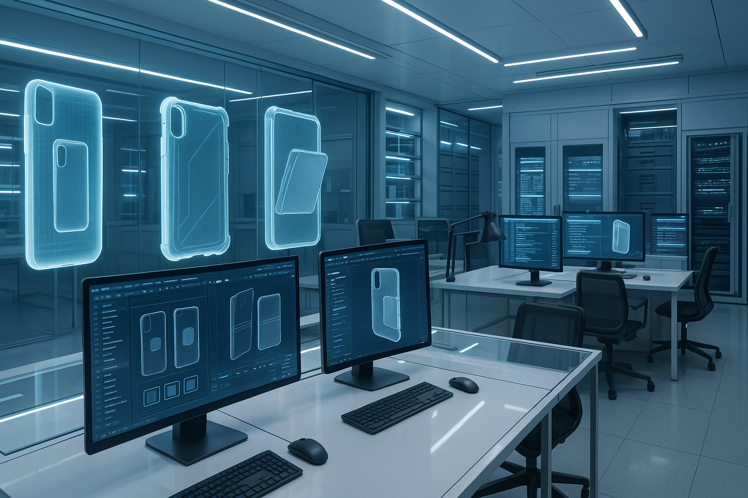 a wide-shot of a futuristic electronic store back office with no people in it. the store sales 3d digital versions of phone and tablet cases