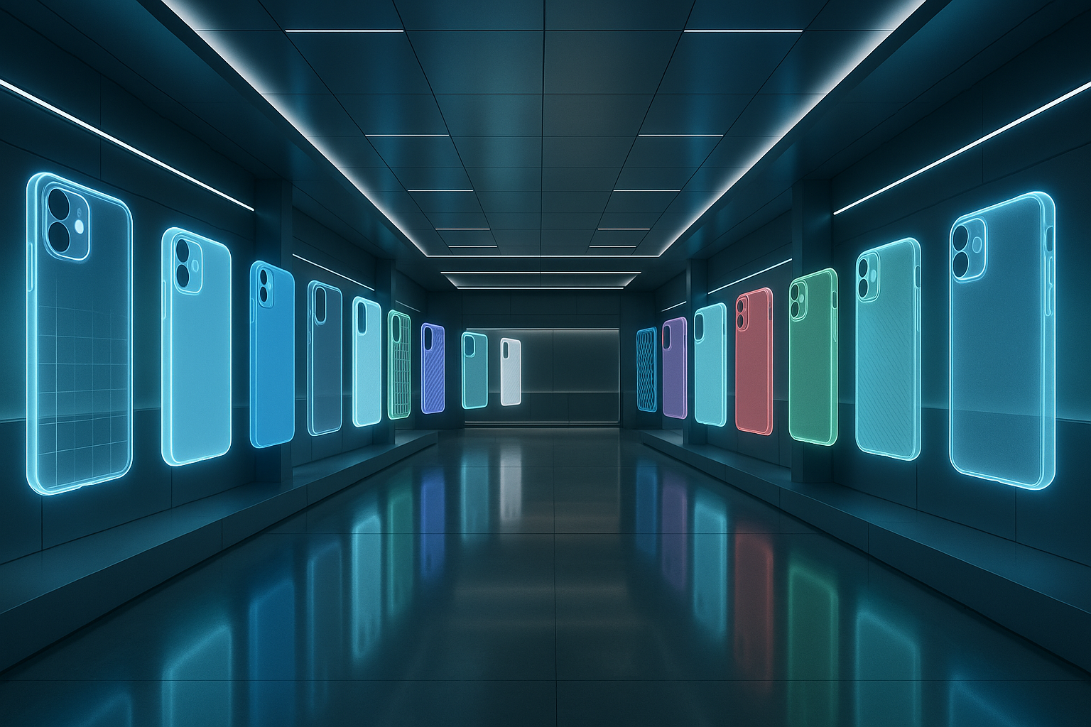 a wide-shot of a futuristic electronic store with no people in it. have store selves be 3d digital versions of iPhone and Samsung cases.